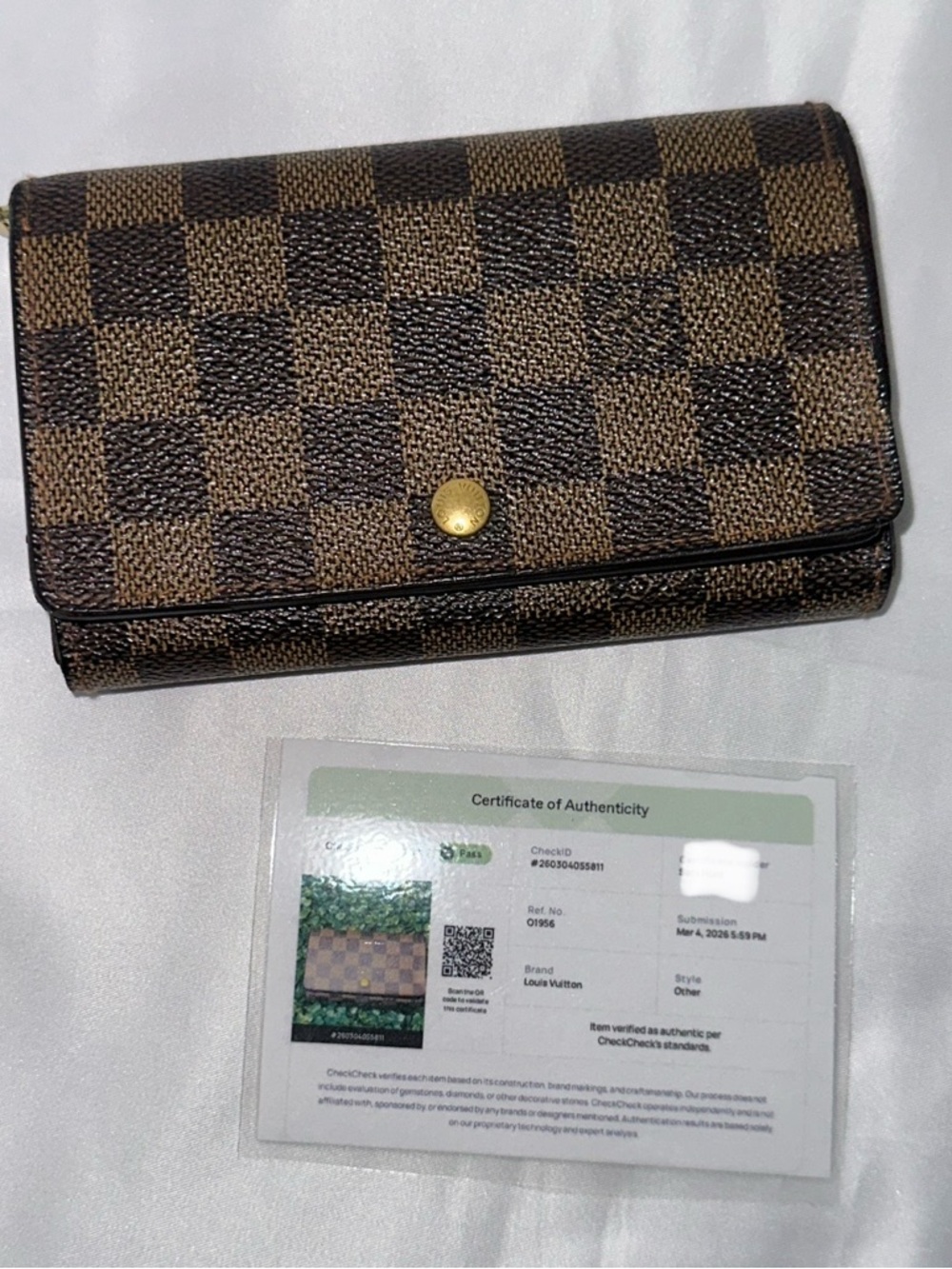 Louis Vuitton Damier Ebene Compact Wallet Snap Closure Brown Canvas
